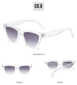 Three views of transparent sunglasses with purple gradient lenses and chic resin frames