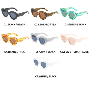 Matrix display of vintage cat-eye sunglasses in seven trendy jelly-colored stripe frames