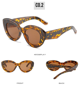 Three-view display of vintage cat-eye sunglasses with classic leopard print frames