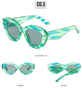 Three-view display of cat-eye sunglasses with green and blue wave pattern and grey lenses