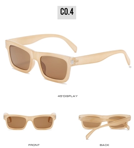 Trois perspectives de lunettes de soleil carrées champagne montrant l'avant et l'arrière