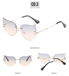 Vues sous trois angles de lunettes de soleil sans monture avec verres dégradés bleu et rose
