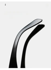 Macro detail of glossy black sunglasses temples with ergonomic curved design for comfort