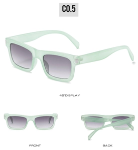 Trois vues de lunettes de soleil carrées vert menthe avec monture transparente chic