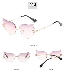 Vues de face et de profil de lunettes de soleil sans monture en forme de flamme rose
