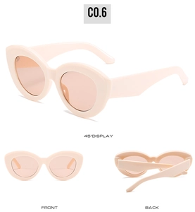 Three views of pink cat eye sunglasses showing 45-degree, front, and back design details