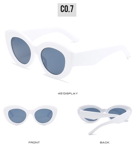Three views of white thick frame cat eye sunglasses with blue lenses in retro style