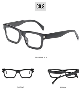 Trois perspectives de lunettes de soleil noires carrées montrant l'avant, l'arrière et le côté