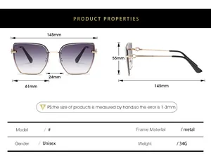 Detailed size chart for rimless oversized sunglasses with metal frame and gradient lenses