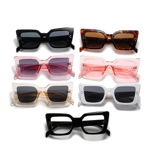 Retro cat-eye sunglasses collection with thick frames and three-dot rivets on white background