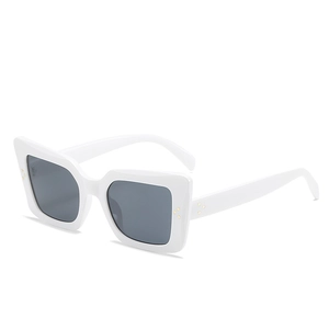 Retro white square frame sunglasses with dark lenses and gold rivet accents