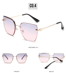 Three-way view of rimless square sunglasses with purple gradient lenses and gold frame