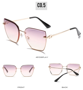 Three-view display of rimless gradient purple sunglasses with C-shaped metal hinge detail