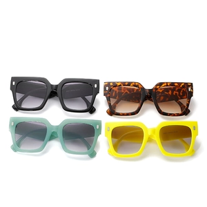 Oversized square sunglasses in black, leopard, green, and yellow colors with UV protection