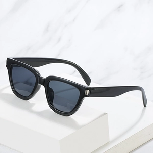 Classic black rectangular sunglasses with dark grey lenses and silver metal temple accents