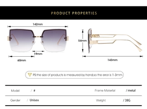 Detaillierte Maßtabelle für übergroße randlose quadratische Sonnenbrille mit Metallrahmen