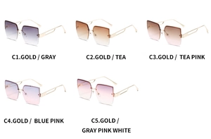 Detailansicht der quadratischen randlosen Sonnenbrille in fünf verschiedenen Verlaufsfarben