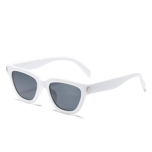 Stylish white cat-eye sunglasses with dark lenses and silver hinge accents on white background