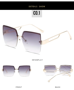 Detailansichten der randlosen Sonnenbrille mit lila Verlauf und goldfarbenen Bügeln