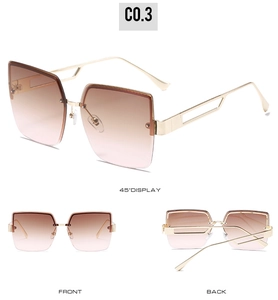 Drei Ansichten der randlosen quadratischen Sonnenbrille mit braunen Verlaufsgläsern und Gold