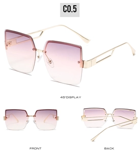 Detailansicht der quadratischen Übergroße-Sonnenbrille mit lila Verlauf und hohlen Metallbügeln