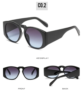 Three-view display of oversized round sunglasses with black frames and gradient lenses