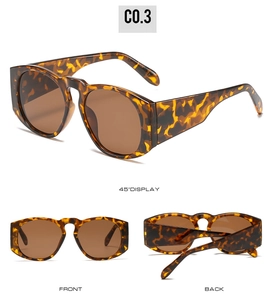 Detailed views of tortoise shell sunglasses showing front, back, and 45-degree angle