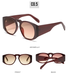 Three-angle display of oversized burgundy sunglasses showing front, back, and 45-degree views