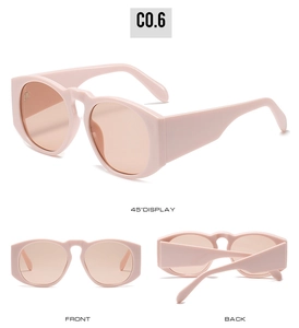 Detailed views of round retro sunglasses with matte pink thick frames and orange lenses