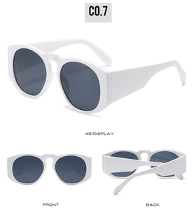 Detailed views of round retro oversized sunglasses with thick white frames and gray lenses