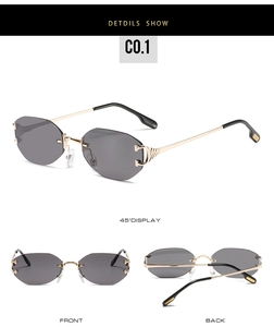 Détail de lunettes de soleil octogonales sans monture avec charnière en C dorée