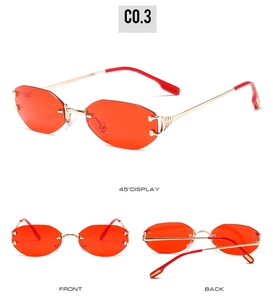Vue en trois angles de lunettes de soleil hexagonales rouges sans monture et or