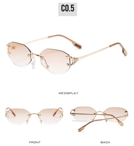 Vue triple de lunettes de soleil sans monture à verres dégradés et charnière en C doré