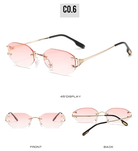 Détail de lunettes de soleil octogonales sans monture avec verres roses et charnière en C