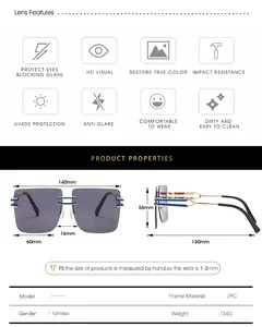 Detailed size guide with measurements for oversized square rimless sunglasses and PC frame