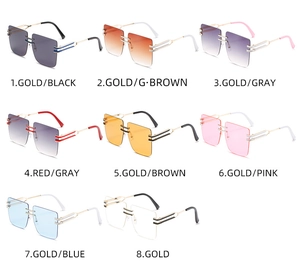 Detailed grid showing oversized rimless square sunglasses in eight vibrant color variations