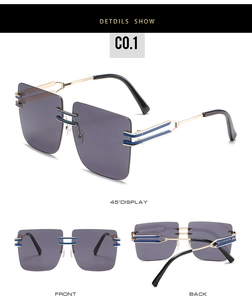 Three-way view of oversized rimless square sunglasses with gold and blue metal frame detail