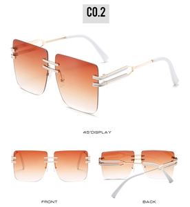 Three-angle view of oversized rimless square sunglasses with orange gradient lenses