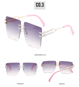 Three-angle views of oversized square rimless sunglasses with purple gradient lenses