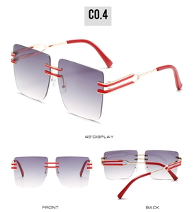 Three-angle views of oversized square rimless sunglasses with purple gradient lenses