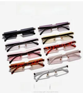 Detailed grid showing nine pairs of rectangular rimless sunglasses in various trendy colors