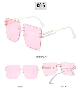 Three-view layout of square oversized sunglasses with pink lenses and gold metal temples