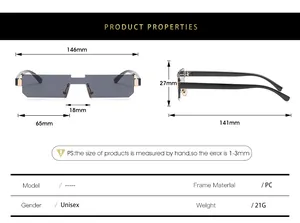 Detailed size specifications for slim rectangular sunglasses with lens and frame dimensions