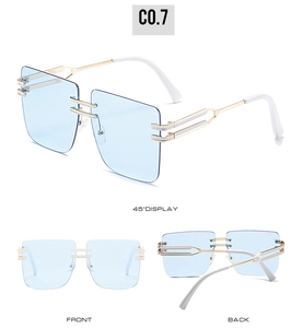 Three-way view of rimless square sunglasses with light blue lenses and metal frames