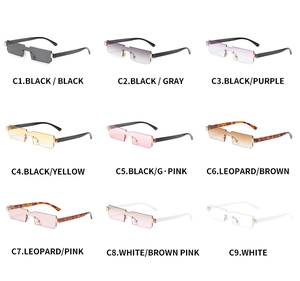 Detailed grid of nine rectangle sunglasses in various colors with leopard and black frames