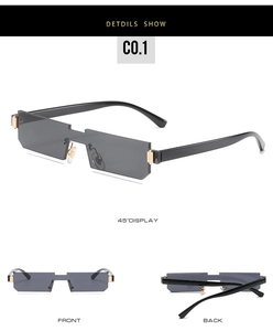 Detailed views of rimless rectangle sunglasses with grey lenses and gold metal hinges
