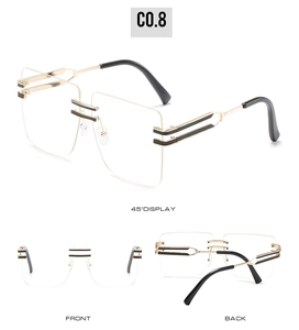Three-angle view of oversized rimless square glasses with gold and black metal temples