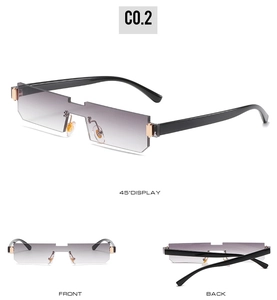 Three-way view of rimless rectangular sunglasses with gradient lenses and gold nose bridge
