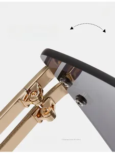 Macro shot of durable golden metal hinge detail on oversized square sunglasses