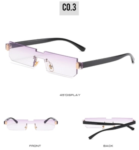 Detailed multi-angle view of purple gradient rimless rectangular sunglasses with gold hinges